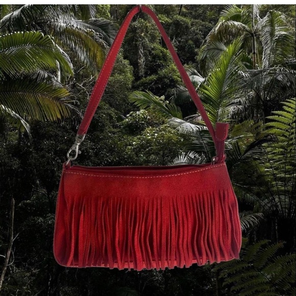 NINE WEST Red Fringed Leather Suede Small Size Handbag Measurements Below NEW - Picture 2 of 14